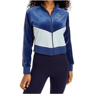 Nike Women's Large Logo Piping Fleece Jacket Blue‎ Cropped Velour Velvet Zip